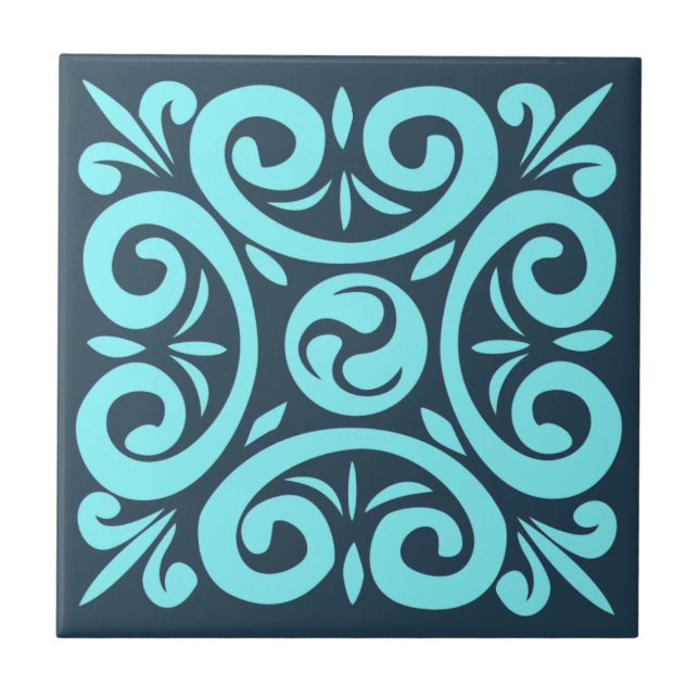 Aqua and Black on Blue Intricate Floral pattern Tile (Front)