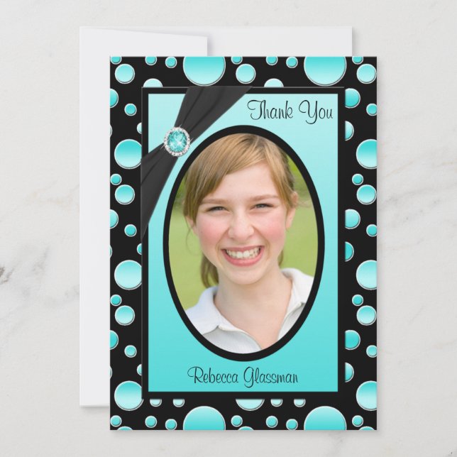 Aqua and Black Polka Dot Photo Thank You Card (Front)