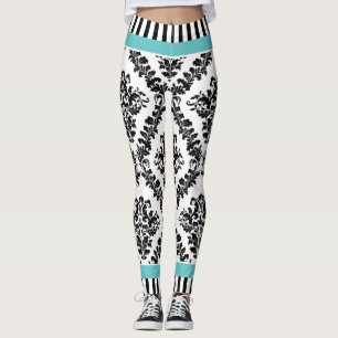 Aqua and black white damask pattern & stripes leggings