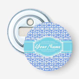Aqua and Blue Owl Grey Personalized Name Bottle Opener