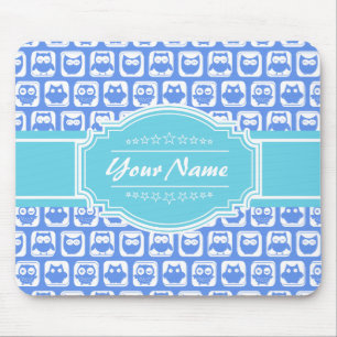 Aqua and Blue Owl Grey Personalized Name Mouse Pad