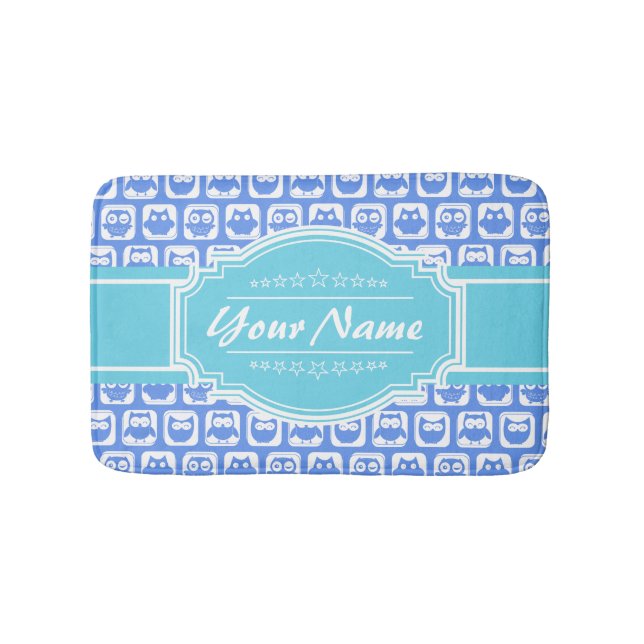 Aqua and Blue Owl Personalized Name Bath Mat (Front)