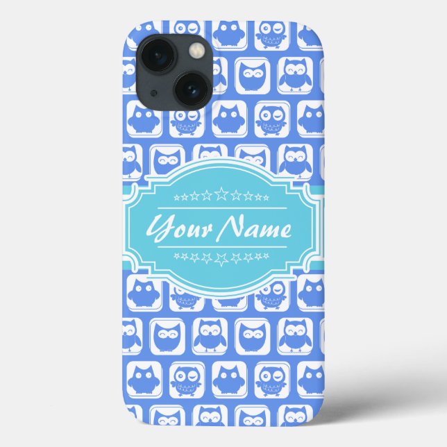 Aqua and Blue Owl Personalized Name Case-Mate iPhone Case (Back)
