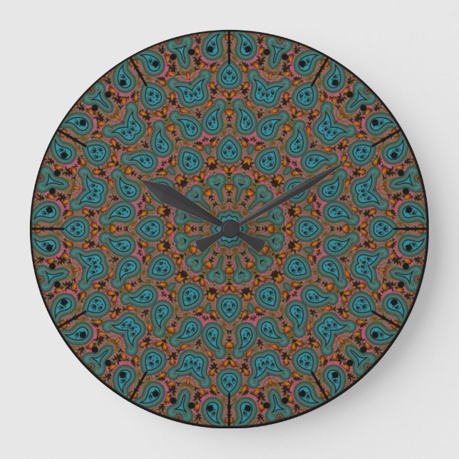 Aqua and Brown Boho Paisley Kaleidoscope Large Clock (Front)