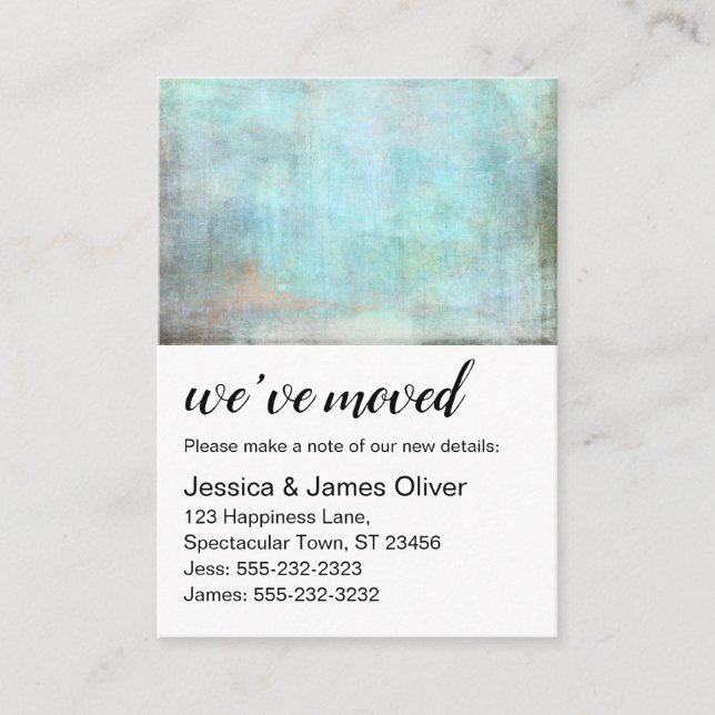 Aqua and Brown Grunge We've Moved Handout Card (Front)