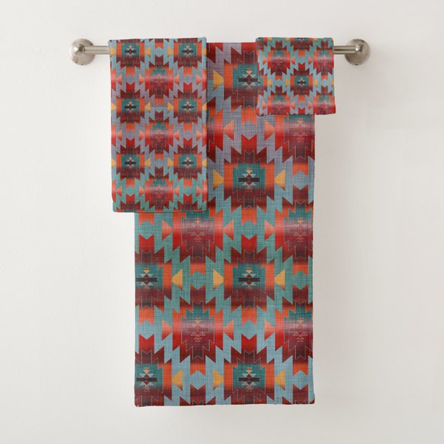 Aqua and Burgundy | Southwestern Style Bath Towel Set (Insitu)