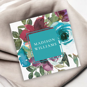 Aqua and Burgundy Wine Watercolor Floral Square Business Card