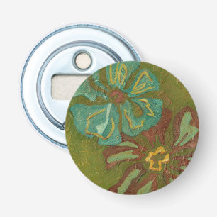 Aqua and Burnt Orange Flowers on Green Background Bottle Opener
