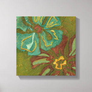Aqua and Burnt Orange Flowers on Green Background Canvas Print