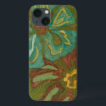 Aqua and Burnt Orange Flowers on Green Background iPhone 13 Case<br><div class="desc">Heavy paint strokes punctuate this piece by Chariklia Zarris. Aqua and burnt orange flowers loom large on a lime green background. A great piece to help you start your art collection!</div>