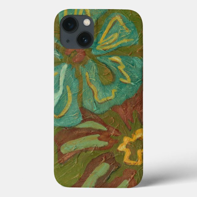 Aqua and Burnt Orange Flowers on Green Background Case-Mate iPhone Case (Back)