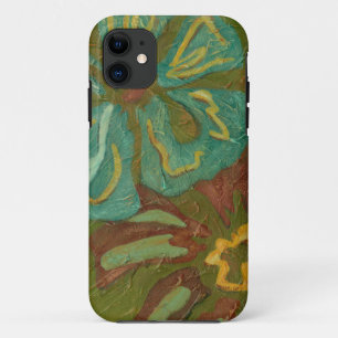 Aqua and Burnt Orange Flowers on Green Background iPhone 11 Case