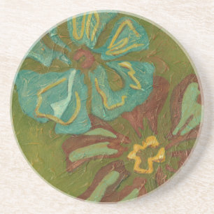 Aqua and Burnt Orange Flowers on Green Background Coaster