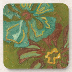 Aqua and Burnt Orange Flowers on Green Background Coaster