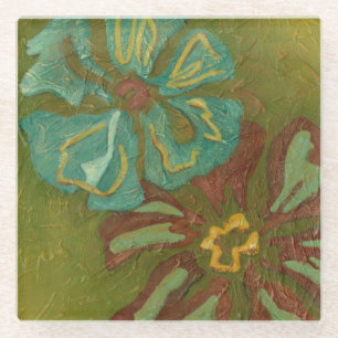 Aqua and Burnt Orange Flowers on Green Background Glass Coaster