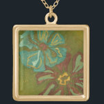 Aqua and Burnt Orange Flowers on Green Background Gold Plated Necklace<br><div class="desc">Heavy paint strokes punctuate this piece by Chariklia Zarris. Aqua and burnt orange flowers loom large on a lime green background. A great piece to help you start your art collection!</div>