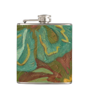 Aqua and Burnt Orange Flowers on Green Background Hip Flask