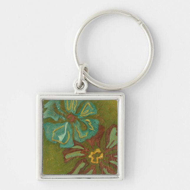 Aqua and Burnt Orange Flowers on Green Background Keychain (Front)