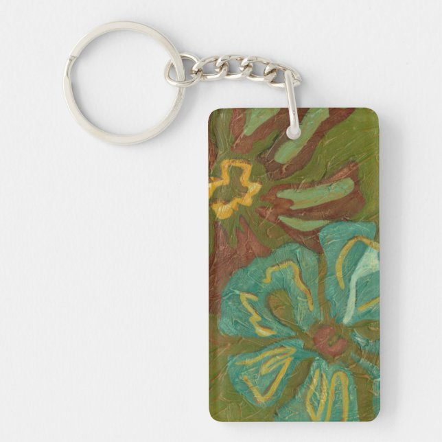 Aqua and Burnt Orange Flowers on Green Background Keychain (Front)