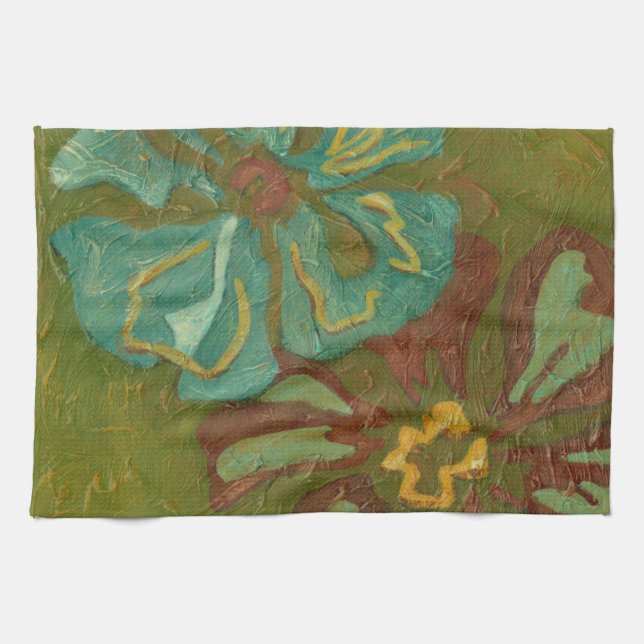 Aqua and Burnt Orange Flowers on Green Background Kitchen Towel (Horizontal)