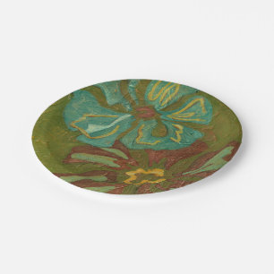 Aqua and Burnt Orange Flowers on Green Background Paper Plate