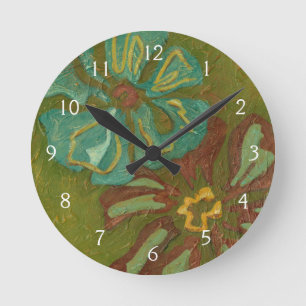 Aqua and Burnt Orange Flowers on Green Background Round Clock