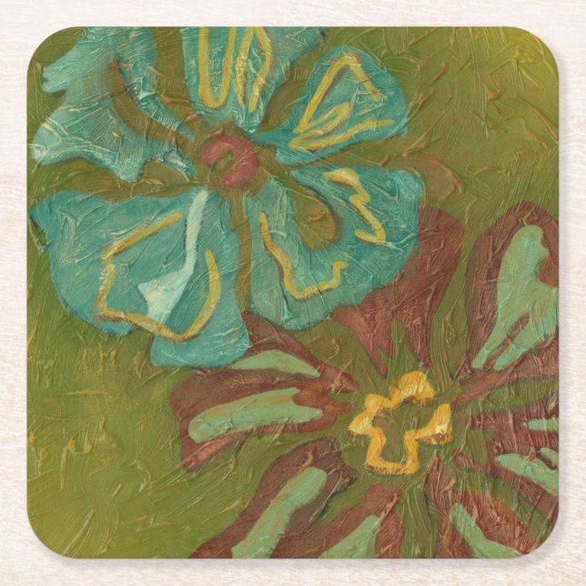 Aqua and Burnt Orange Flowers on Green Background Square Paper Coaster (Front)