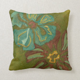 Aqua and Burnt Orange Flowers on Green Background Throw Pillow