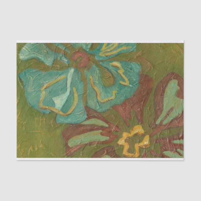 Aqua and Burnt Orange Flowers on Green Background Tissue Paper (Front)