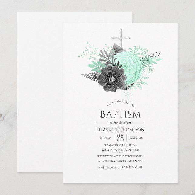 Aqua and Charcoal Floral Rustic Baptism Invitation (Front/Back)