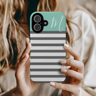Aqua and Charcoal Preppy Stripes Custom Monogram iPhone 16 Case