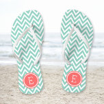 Aqua and Coral Chevron Monogram Flip Flops<br><div class="desc">Custom printed flip flop sandals with a stylish modern chevron pattern and your custom monogram or other text in a circle frame. Click Customize It to change text fonts and colours or add your own images to create a unique one of a kind design!</div>