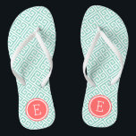 Aqua and Coral Greek Key Monogram Flip Flops<br><div class="desc">Custom printed flip flop sandals with a stylish modern Greek key pattern and your custom monogram or other text in a circle frame. Click Customize It to change text fonts and colours or add your own images to create a unique one of a kind design!</div>