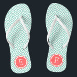 Aqua and Coral Greek Key Monogram Flip Flops<br><div class="desc">Custom printed flip flop sandals with a stylish modern Greek key pattern and your custom monogram or other text in a circle frame. Click Customize It to change text fonts and colours or add your own images to create a unique one of a kind design!</div>