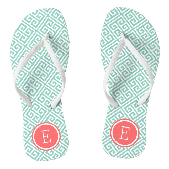 Aqua and Coral Greek Key Monogram Flip Flops (Footbed)