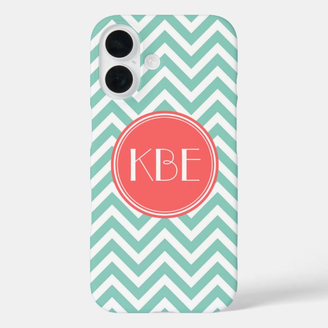 Aqua and Coral Modern Chevron Monogram Case-Mate iPhone Case (Back)