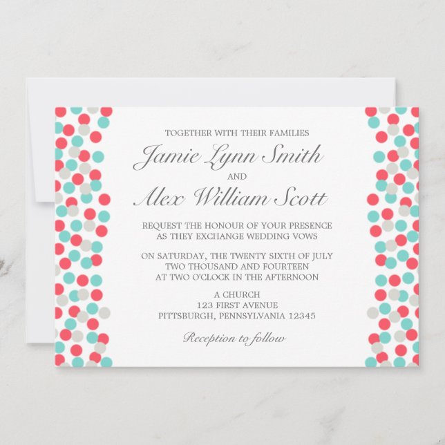 Aqua and Coral Polka Dot Wedding Invitation (Front)