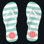 Aqua and Coral Preppy Stripes Monogram Flip Flops<br><div class="desc">Custom printed flip flop sandals with a preppy nautical stripe pattern and your custom monogram or other text in a circle frame. Click Customize It to change text fonts and colours or add your own images to create a unique one of a kind design!</div>