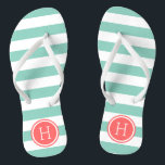 Aqua and Coral Preppy Stripes Monogram Flip Flops<br><div class="desc">Custom printed flip flop sandals with a preppy nautical stripe pattern and your custom monogram or other text in a circle frame. Click Customize It to change text fonts and colours or add your own images to create a unique one of a kind design!</div>