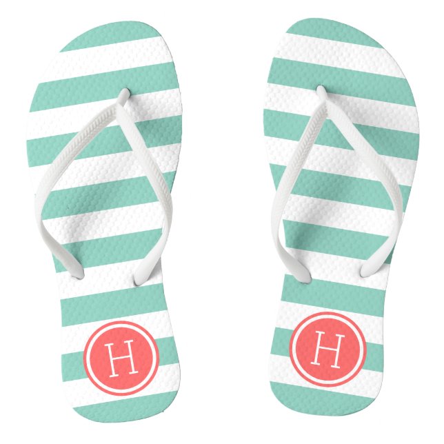 Aqua and Coral Preppy Stripes Monogram Flip Flops (Footbed)