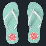 Aqua and Coral Tiny Dots Monogram Flip Flops<br><div class="desc">Custom printed flip flop sandals with a cute girly polka dot pattern and your custom monogram or other text in a circle frame. Click Customize It to change text fonts and colours or add your own images to create a unique one of a kind design!</div>
