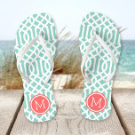 Aqua and Coral Trellis Monogram Flip Flops<br><div class="desc">Custom printed flip flop sandals with a stylish modern trellis pattern and your custom monogram or other text in a circle frame. Click Customize It to change text fonts and colours or add your own images to create a unique one of a kind design!</div>