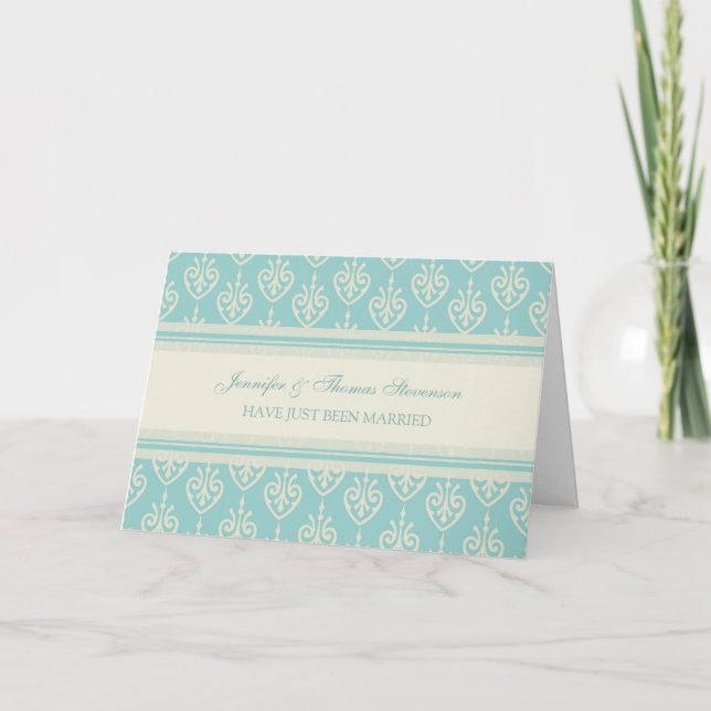 Aqua and Cream Just Married Announcement Card (Front)