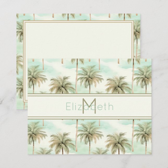 Aqua and Cream Tropical Palm Tree Monogram Card (Front/Back)