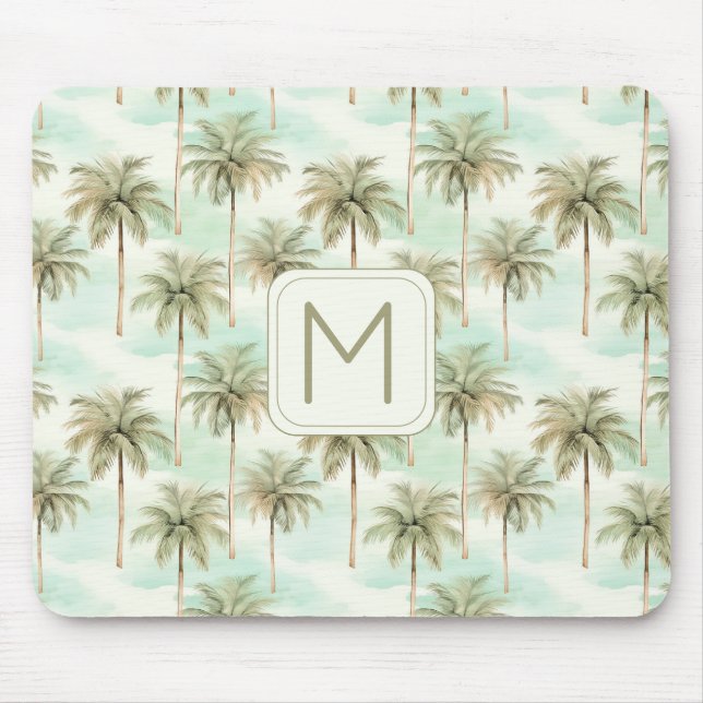Aqua and Cream Tropical Palm Tree Monogram Mouse Pad (Front)