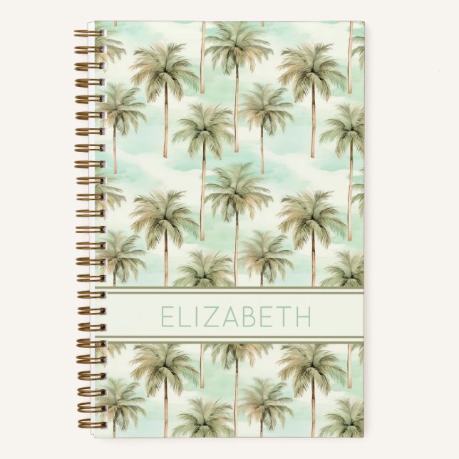 Aqua and Cream Tropical Palm Tree Monogram Notebook (Front)
