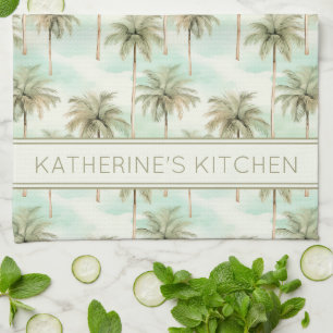 Aqua and Cream Tropical Palm Tree Personalized Kitchen Towel