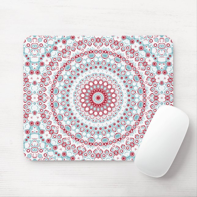 Aqua and Crimson Mandala Pattern Mouse Pad (With Mouse)