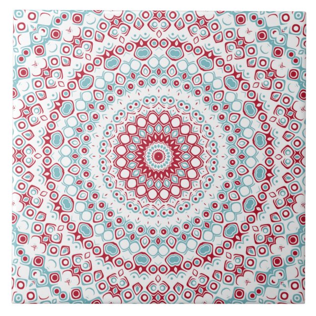 Aqua and Crimson Mandala Pattern Tile (Front)