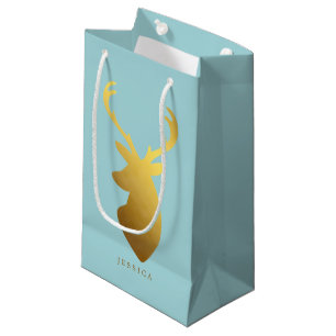 Aqua and Faux Gold Foil Deer Head Small Gift Bag